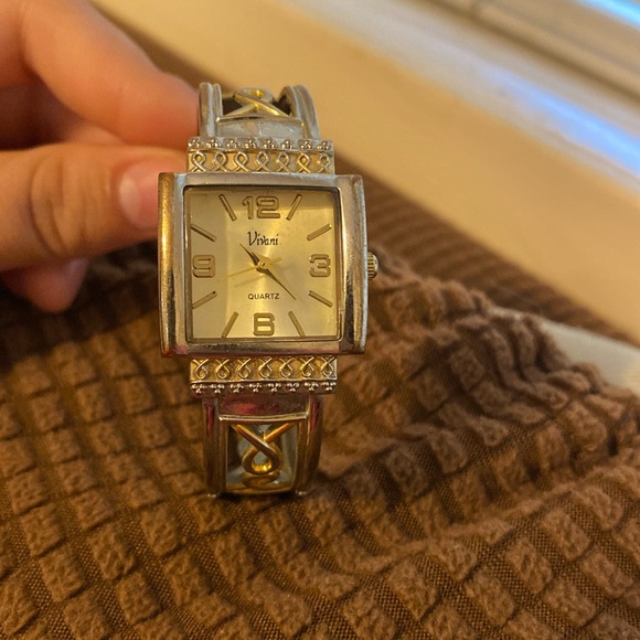 Vivani White Dial Silver Tone Square Case Two TOne Hinge Bracelet Band Watch 6.5 - Picture 1 of 2